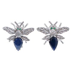 Vintage Sapphires, Tsavorite, Diamonds, Platinum and 14 Kt  Gold Fly Shape Earrings.