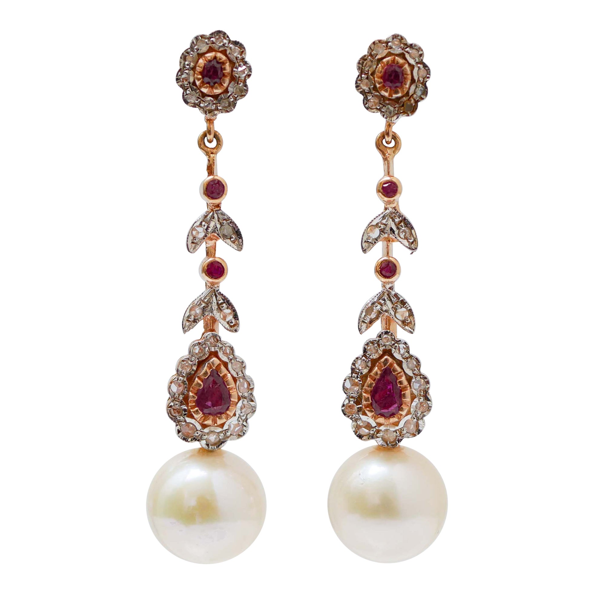 White Pearls, Rubies, Diamonds, Rose Gold and Silver Dangle Earrings.