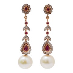 Vintage White Pearls, Rubies, Diamonds, Rose Gold and Silver Dangle Earrings.