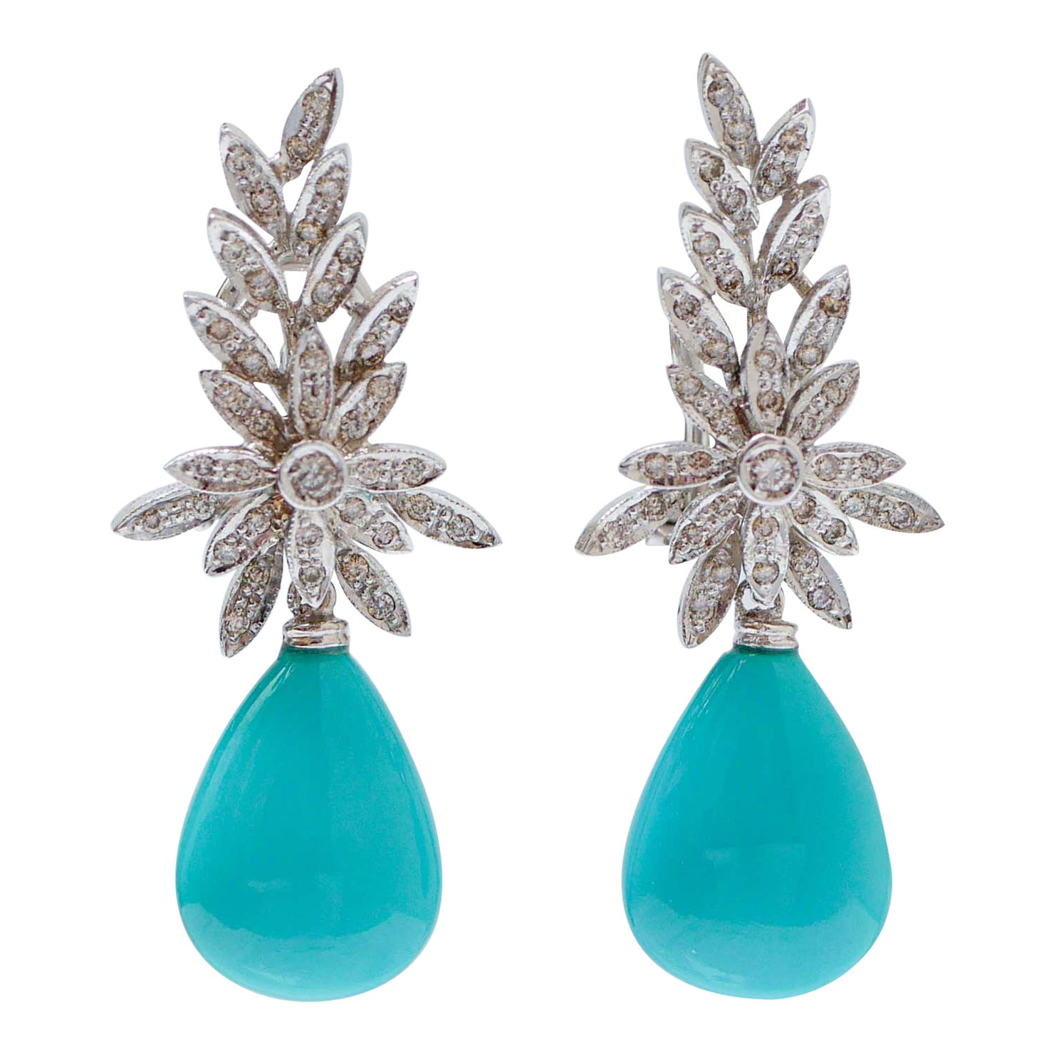 Turquoise, Diamonds, Platinum and 14 Kt White Gold Earrings. For Sale