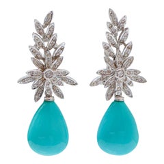 Boucles d'oreilles en turquoise, diamants, platine et or blanc 14 carats