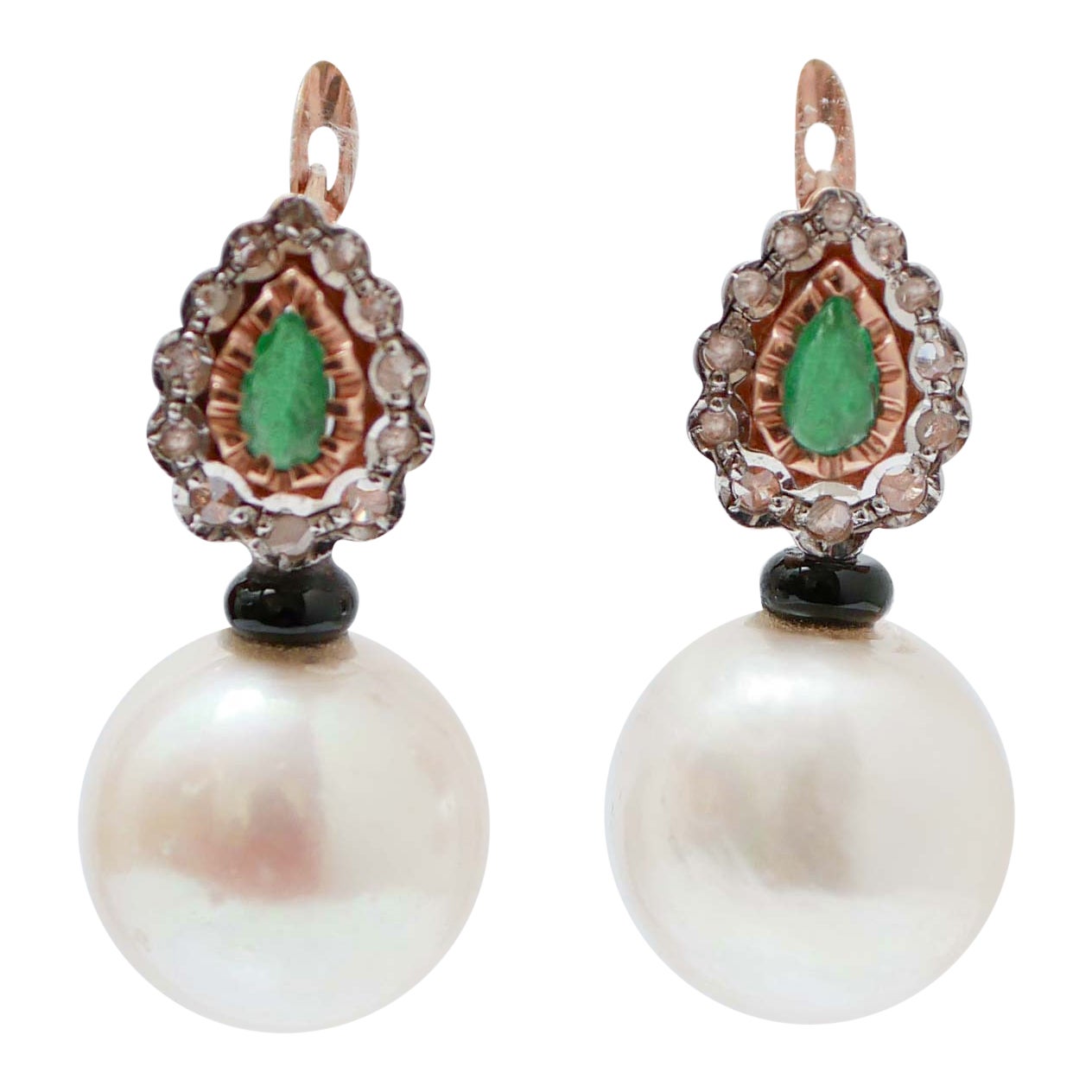 White Pearls, Emeralds, Diamonds, Onyx, Rose Gold and Silver Earrings. For Sale
