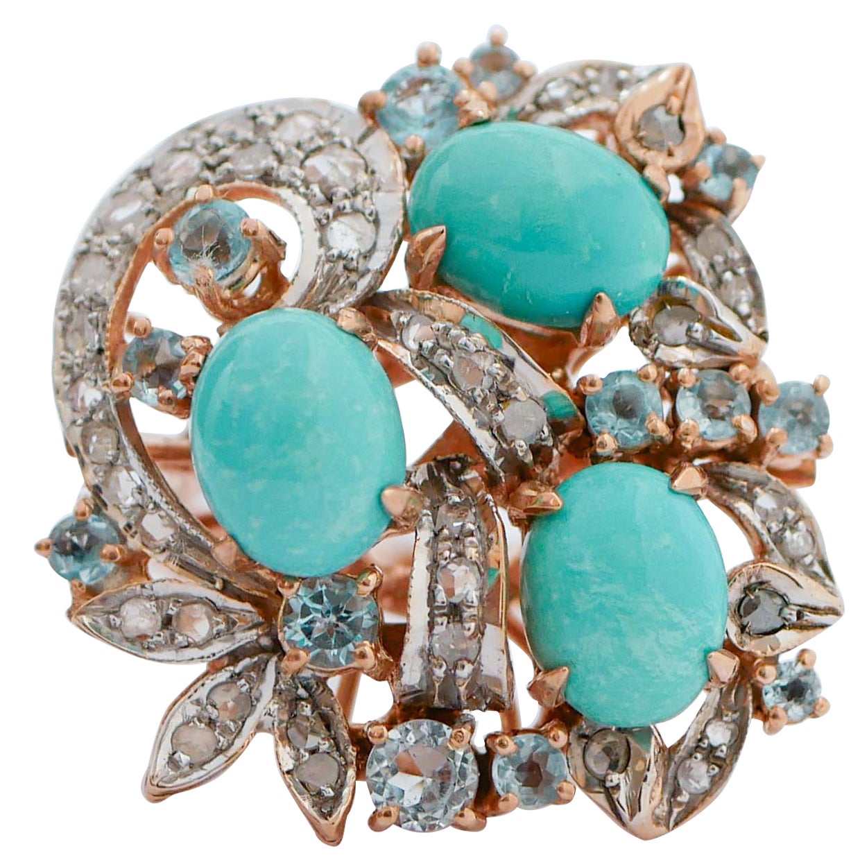 Aquamarine Colour Topazs, Turquoises, Diamonds, 14 Kt Rose Gold and Silver Ring. For Sale