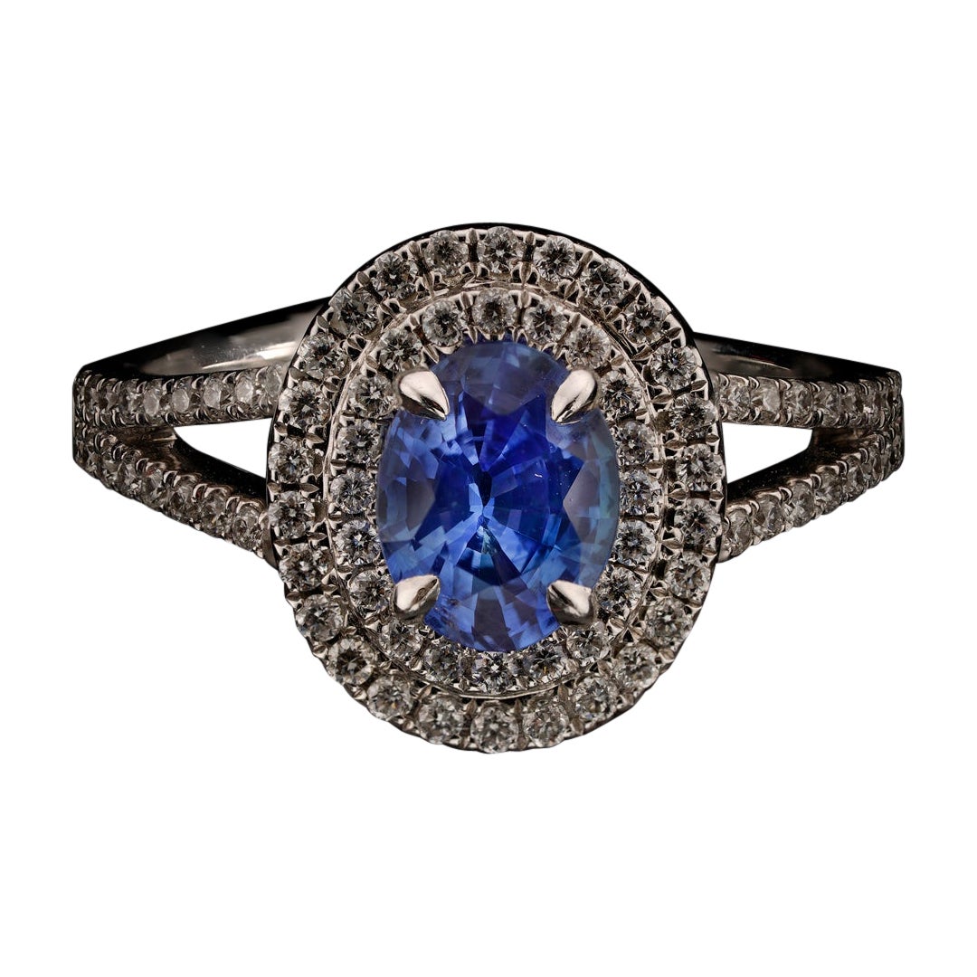 Doppelter Halo-Ring mit Saphiren und Diamanten im Angebot