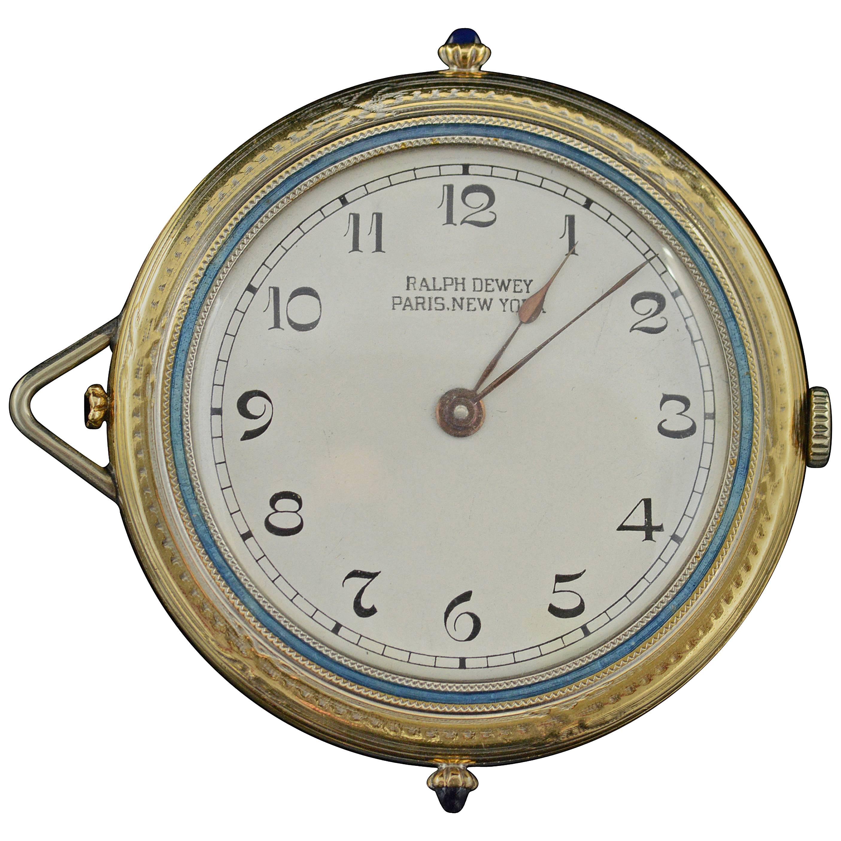 1920s Ralph Dewey Blue Enamel Gold Pocket Watch