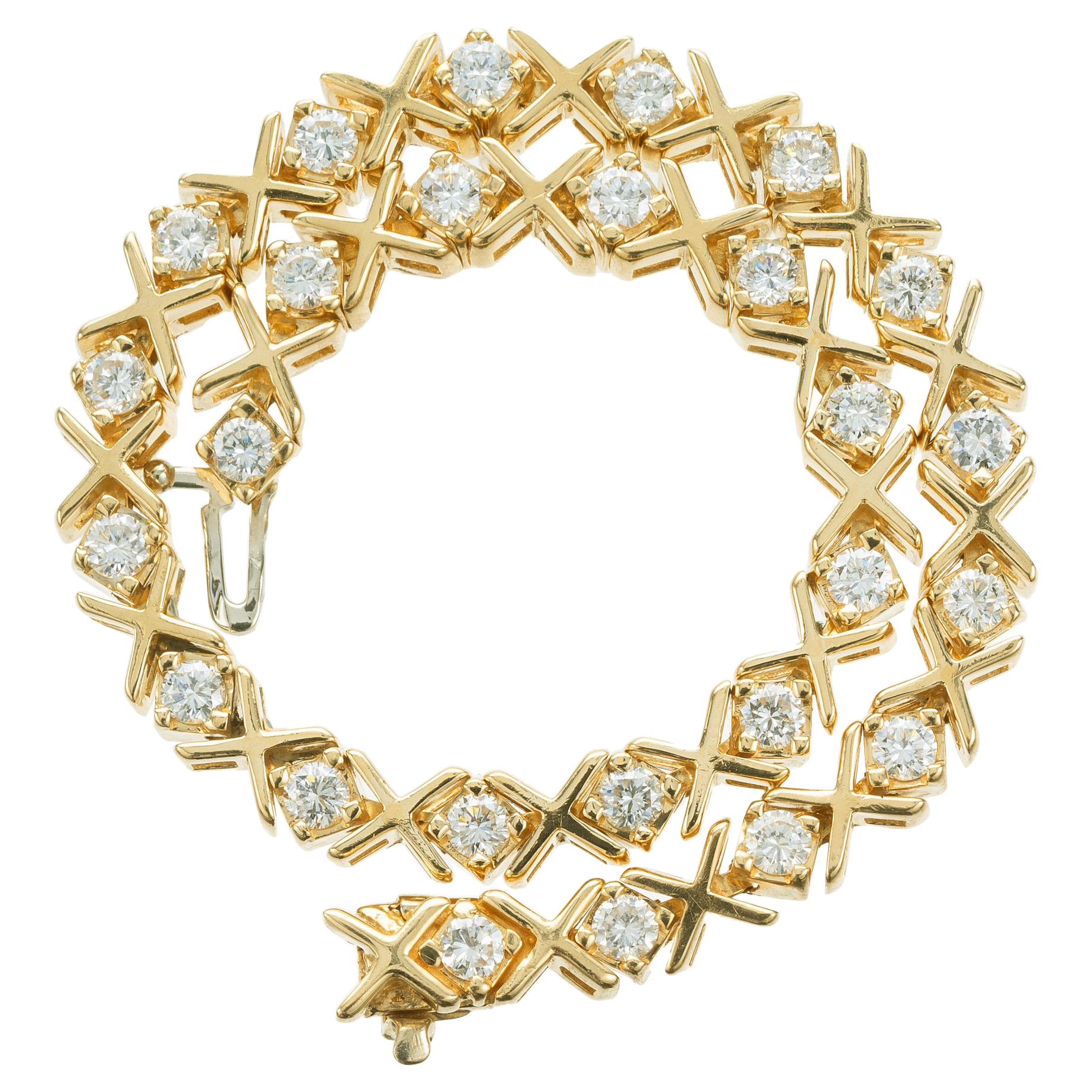 2.00 Carat Round Diamond Yellow Gold "X" Design Tennis Bracelet  For Sale