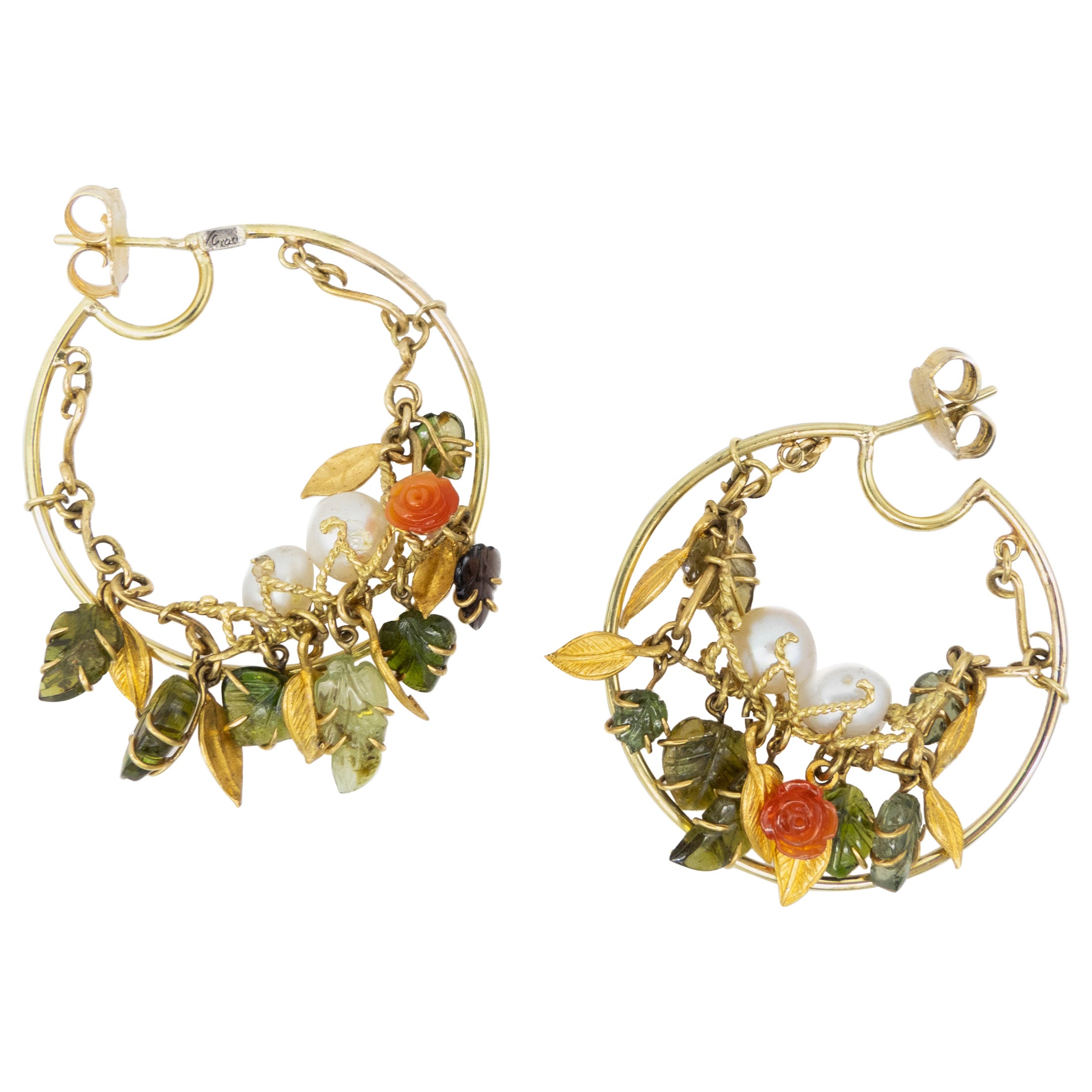 21st Century Tourmalines Fire Opals Roses Leaves Pearl  Gold Hoop Earring For Sale