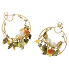 21st Century Tourmalines Fire Opals Roses Leaves Pearl  Gold Hoop Earring
