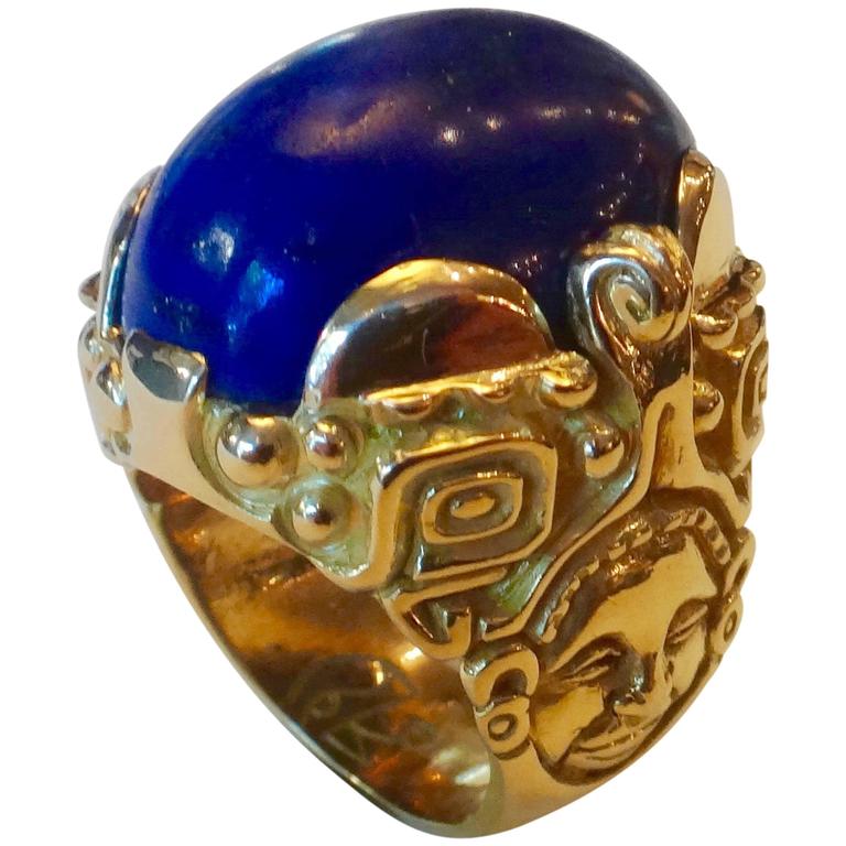 Lapis Lazuli Aztec Design Norah Pierson Gold Ring