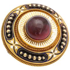 Antique Victorian Large Garnet White Enamel Gold Brooch 1
