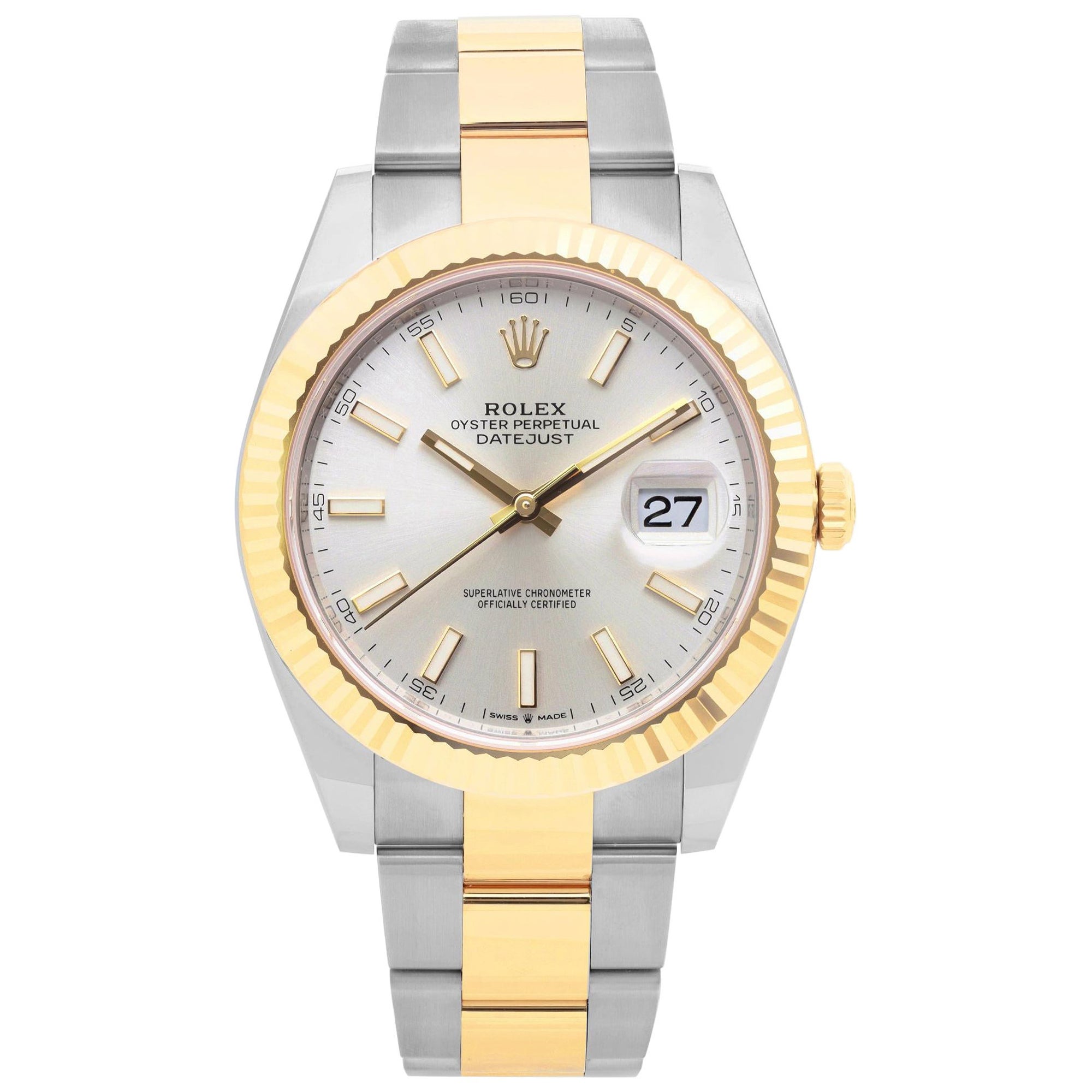 Rolex Datejust 41 Steel 18k Gold Silver Index Dial Automatic Mens Watch 126333 en vente