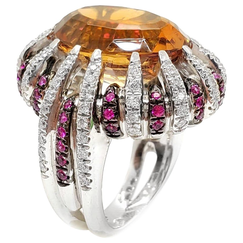 Andreoli Diamond Citrine Pink Sapphire 18 Karat White Gold Ring For Sale