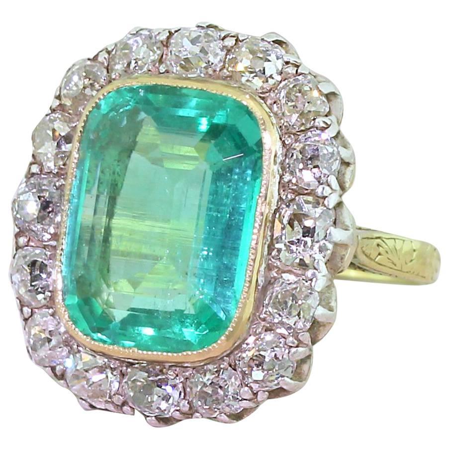 Edwardian 6.00 Carat Minor Oil Colombian Emerald  Old Cut Diamond Ring