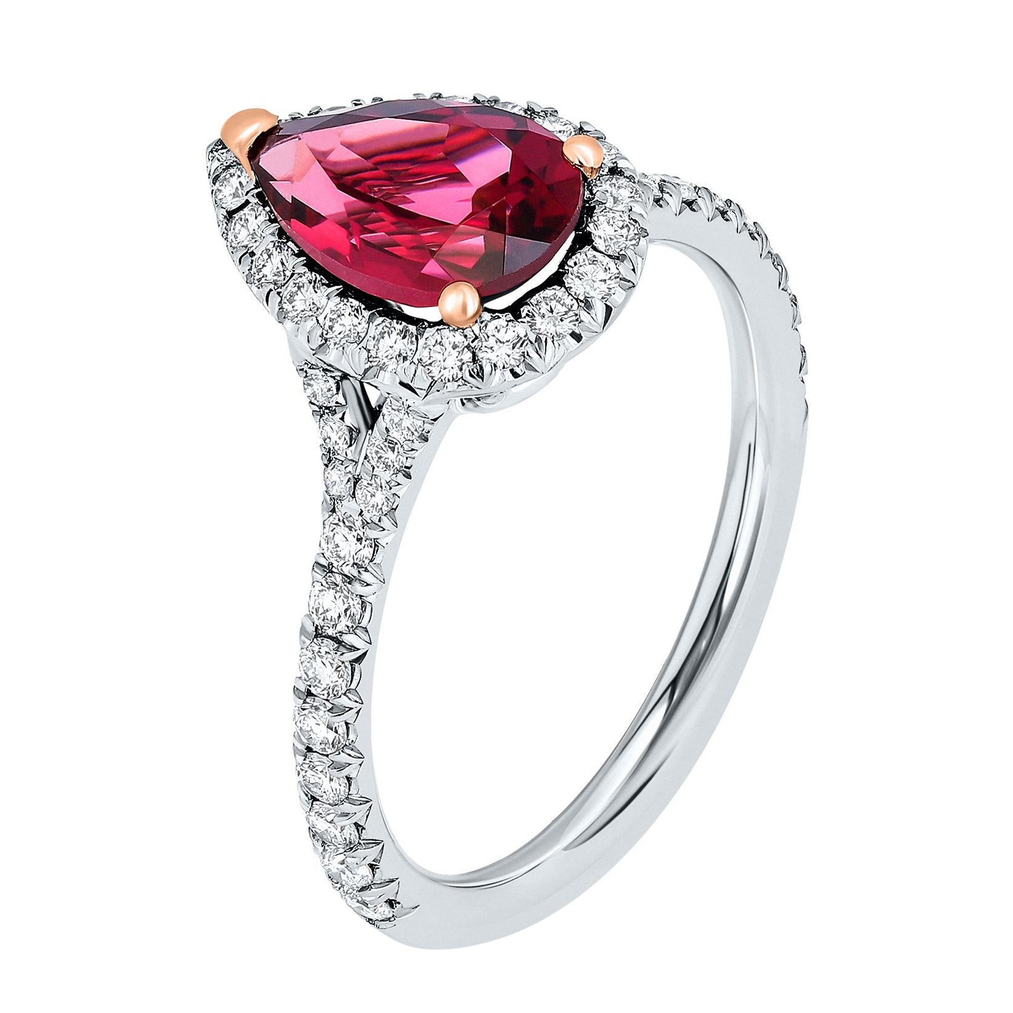 2.33 Carat Red Pear Tourmaline & Diamond Halo Cocktail Ring, set in Platinum. For Sale