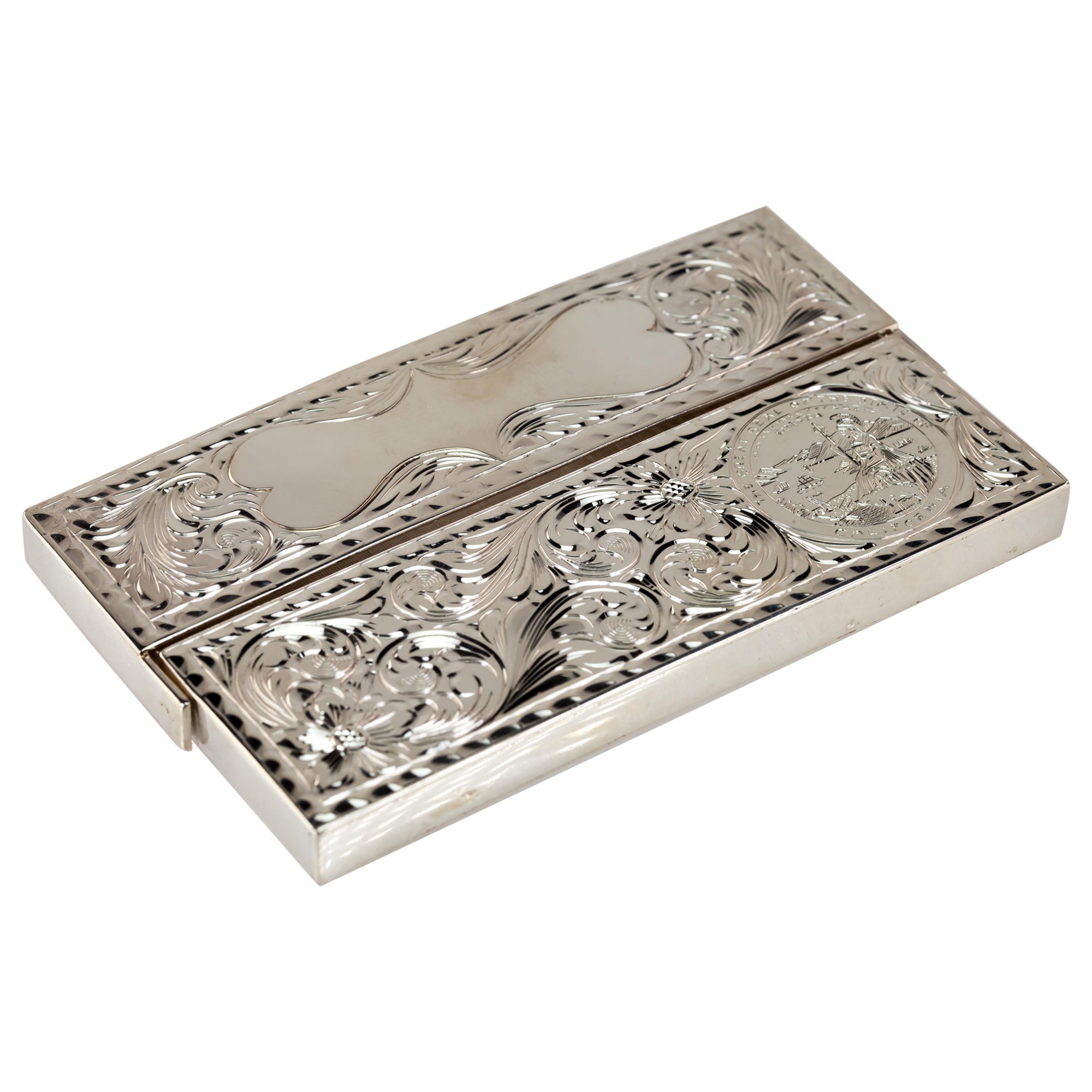 Gorgeous Etched Sterling Silver Great Seal of California Card Holder w/ Filigree For Sale