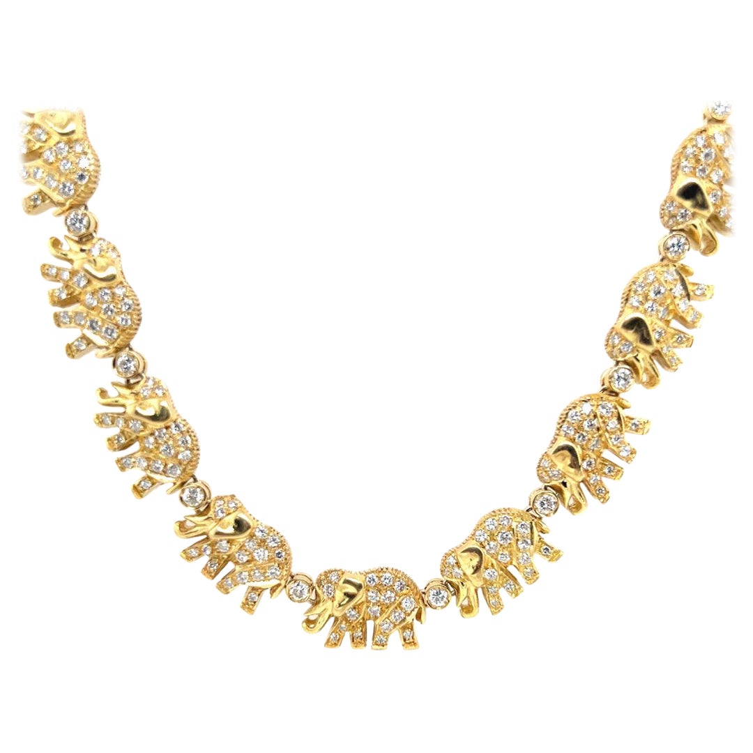 Retro Gold 5,50 Karat Natürlicher Brillant Farbloser Diamant Elefanten Halskette 1990 im Angebot