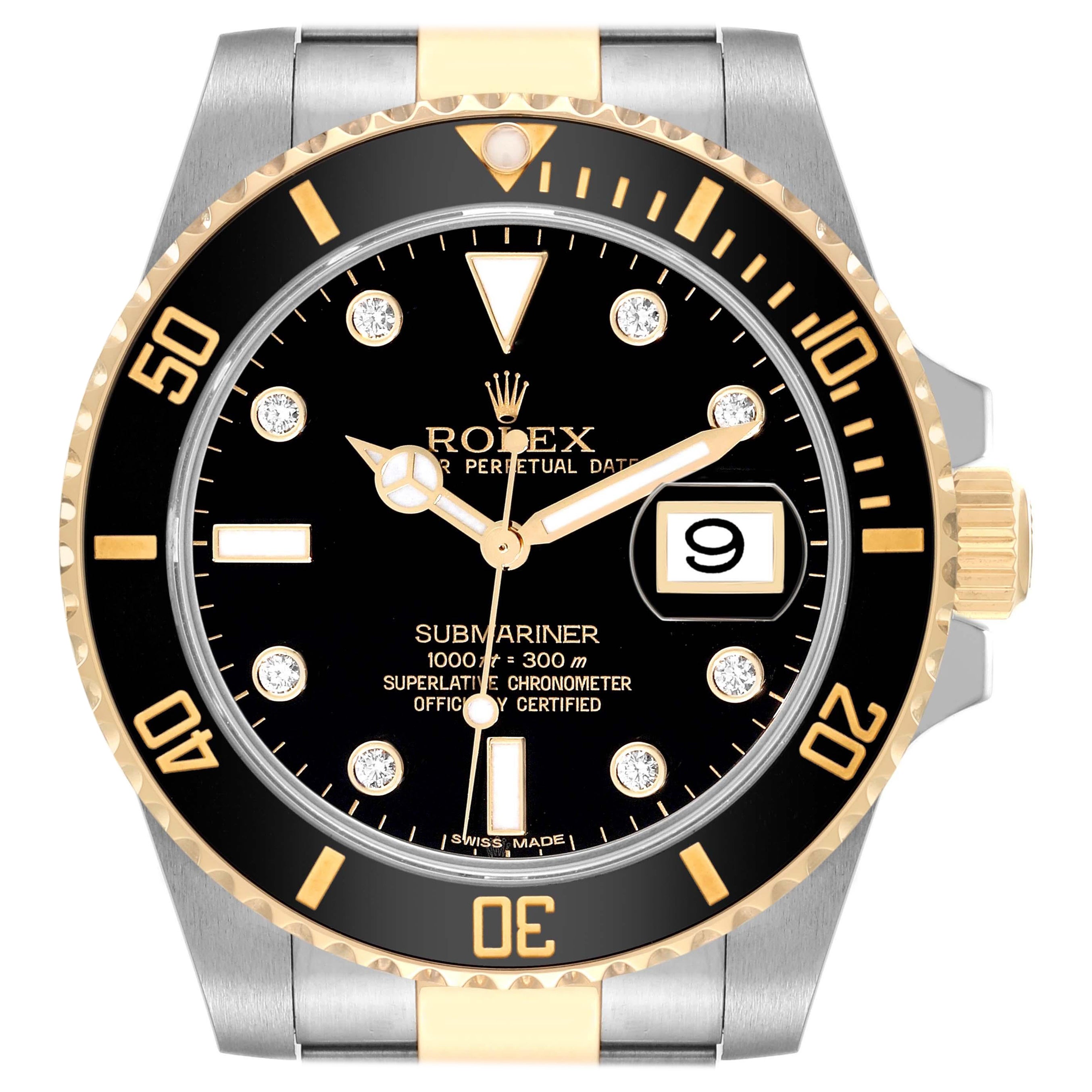 Rolex Submariner Steel Yellow Gold Black Diamond Dial Mens Watch 116613 Box Card