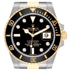 Rolex Submariner Steel Yellow Gold Black Diamond Dial Mens Watch 116613 Box Card