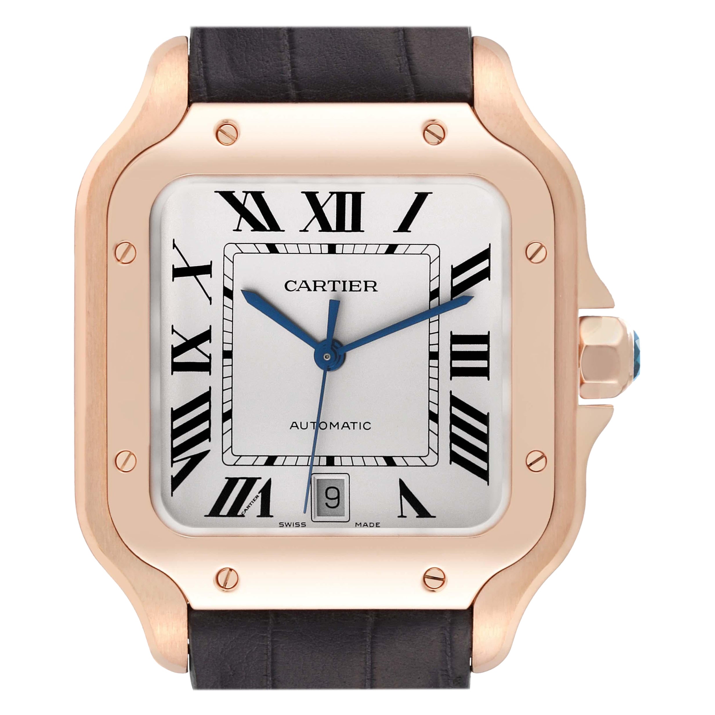 Cartier Santos Large Rose Gold Grey Strap Mens Watch WGSA0019 Box Card For Sale