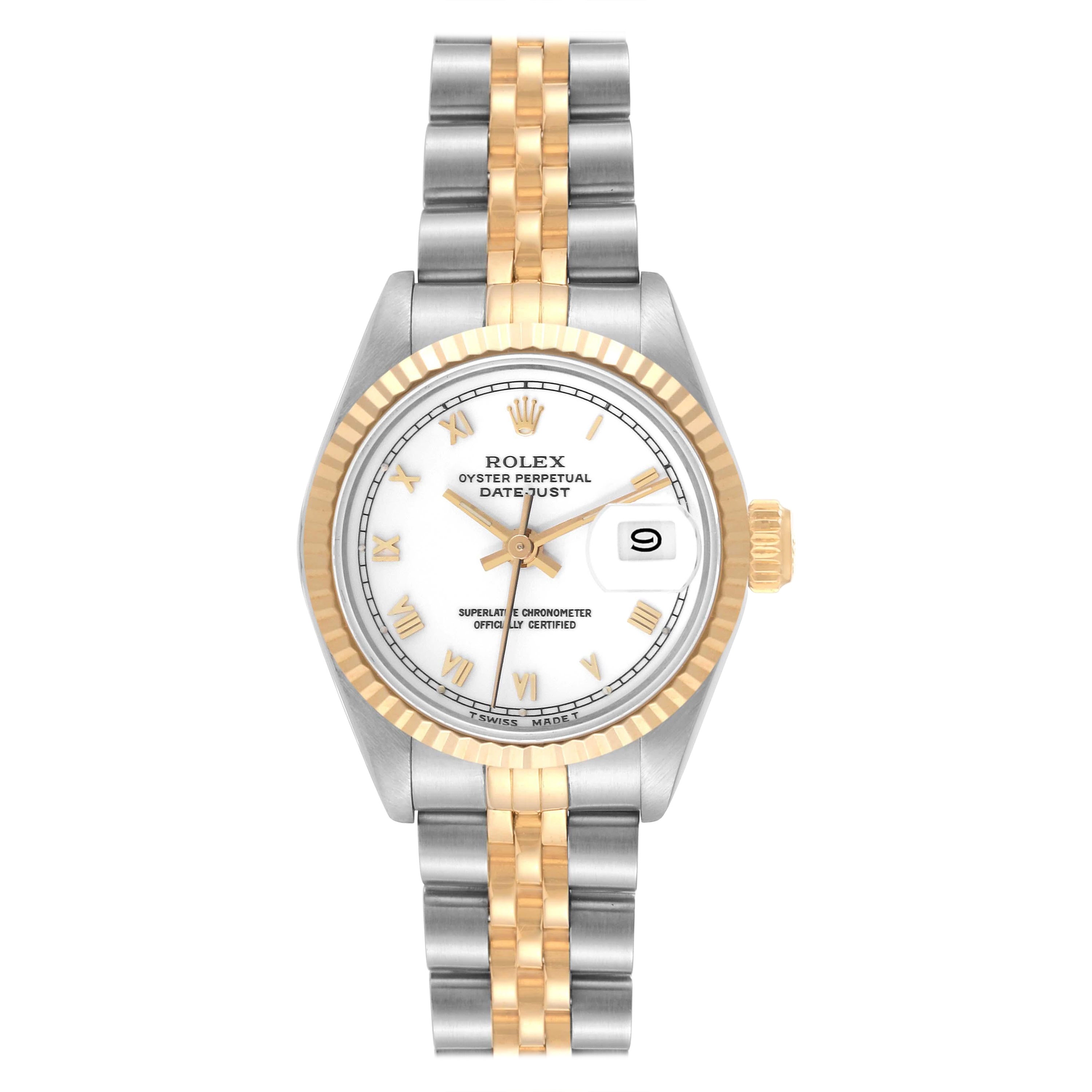 Rolex Datejust Weißes römisches Zifferblatt Stahl Gelbgold Damenuhr 69173 im Angebot