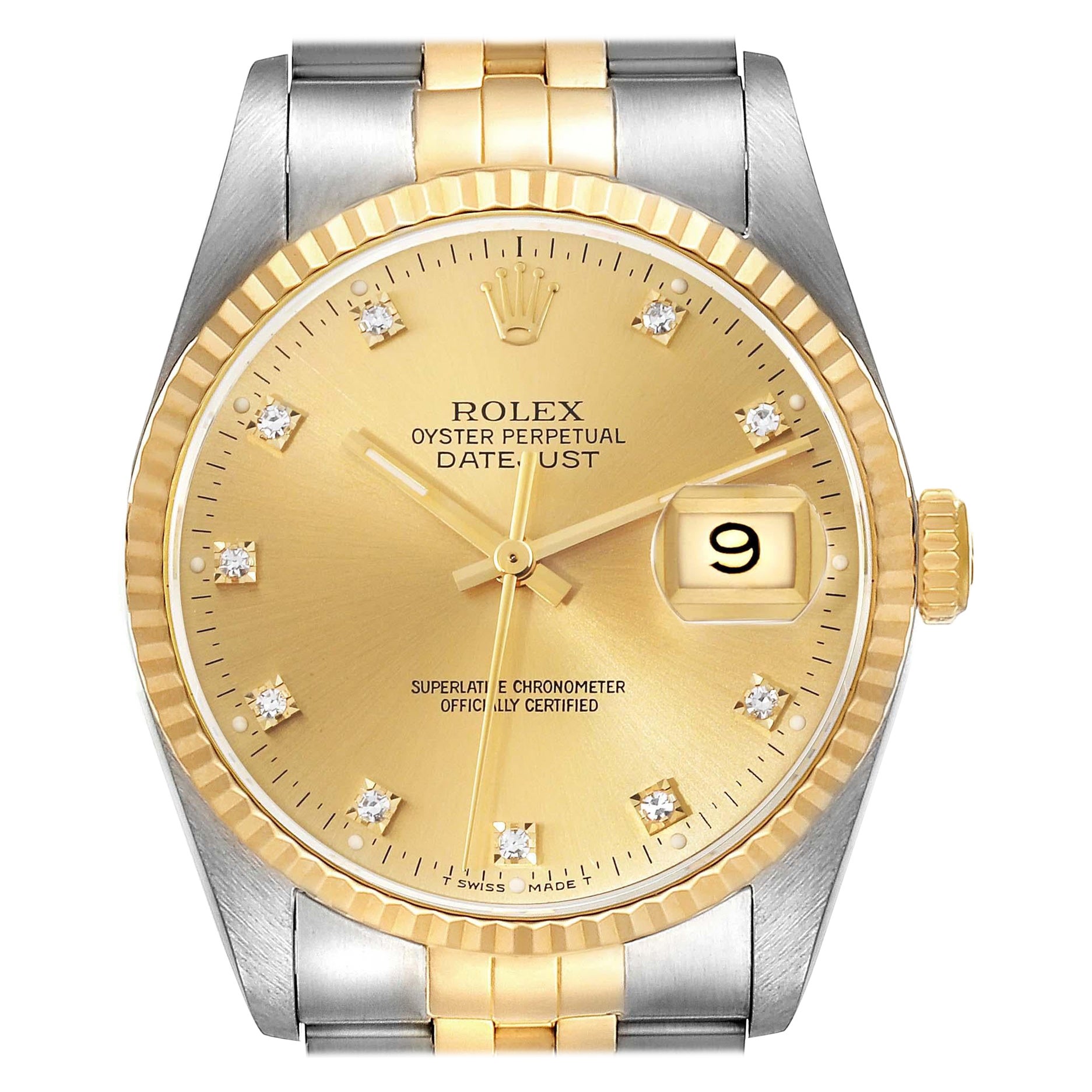 Rolex Datejust Diamond Dial Steel Yellow Gold Mens Watch 16233 en vente