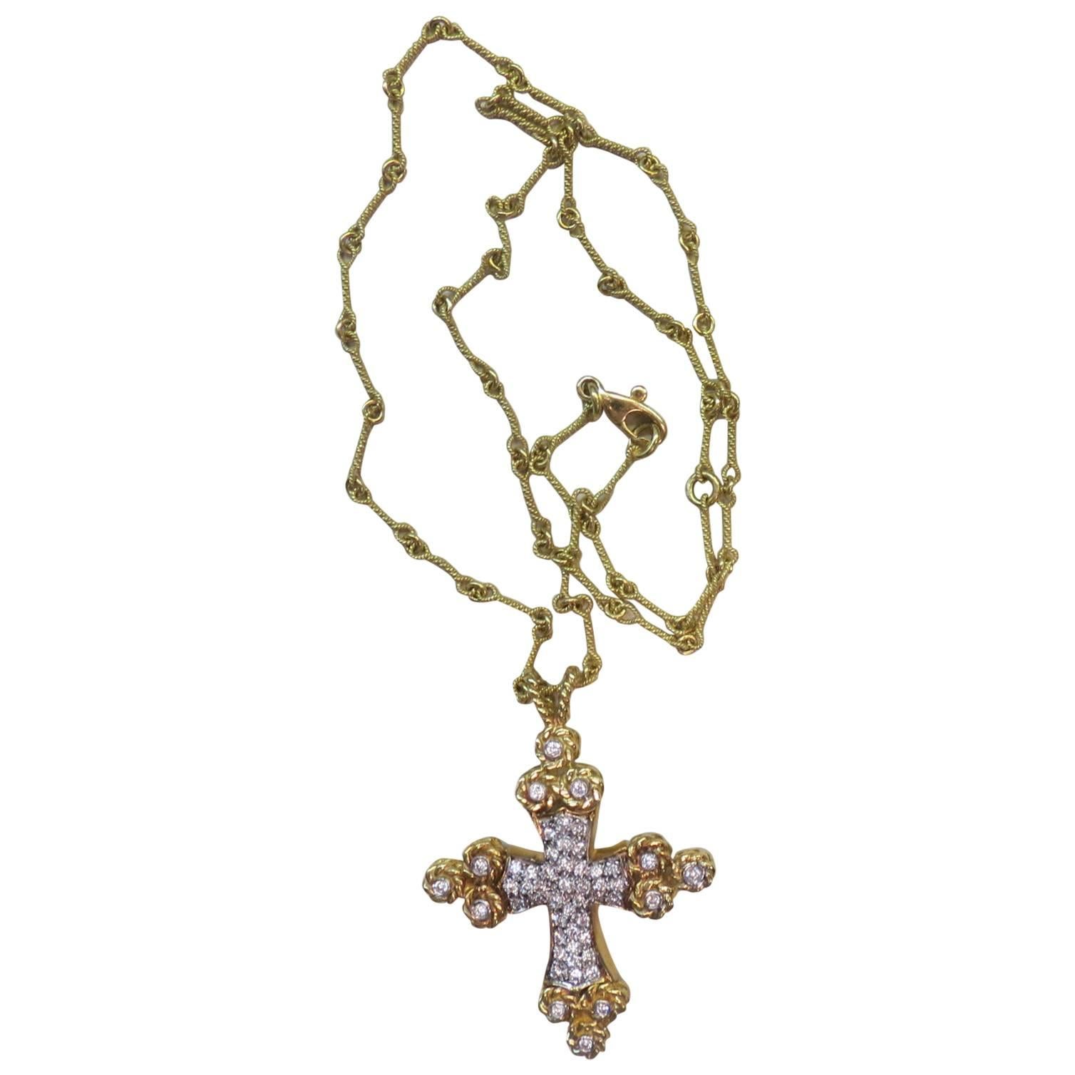 Cassis 18K Yellow Gold and Diamond Cross Pendant Suspended from 18 Chain