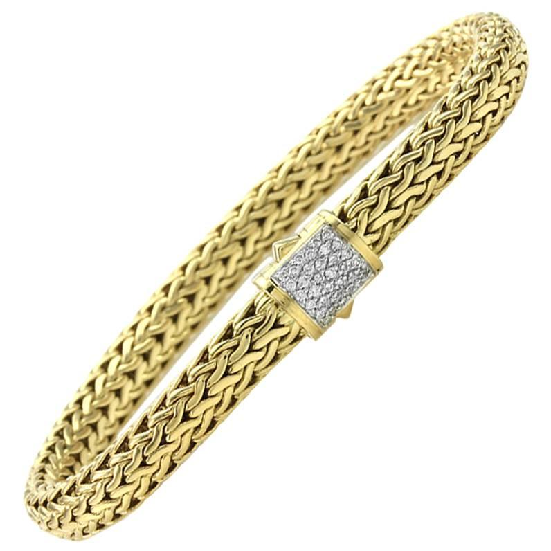 John Hardy Gold Classic Wheat Bracelet with Pavé Diamond Clasp