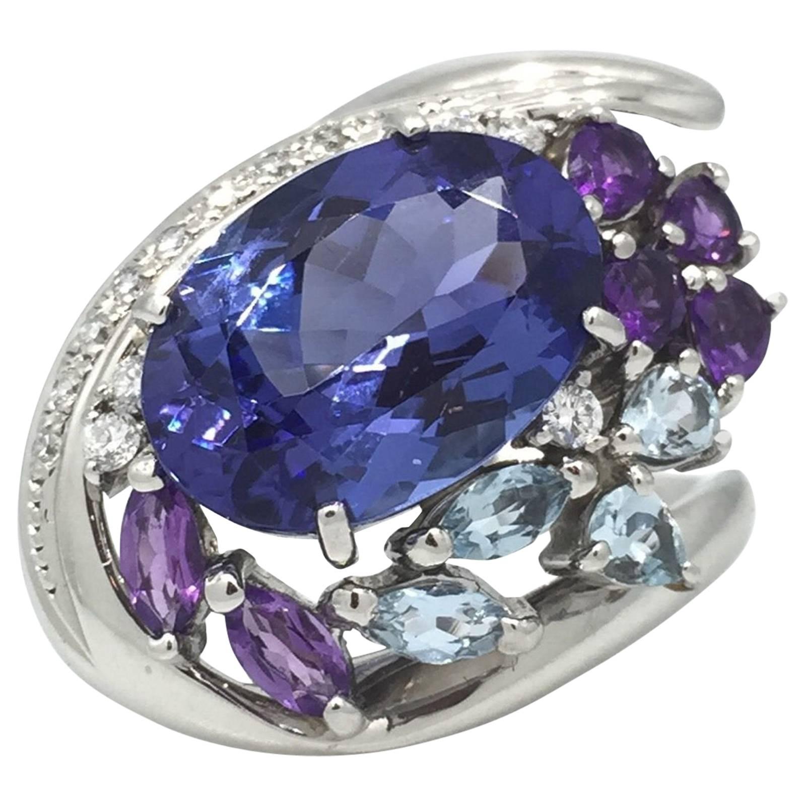 7.39 carat Tanzanite Aquamarine Amethyst Diamond Platinum Ring For Sale