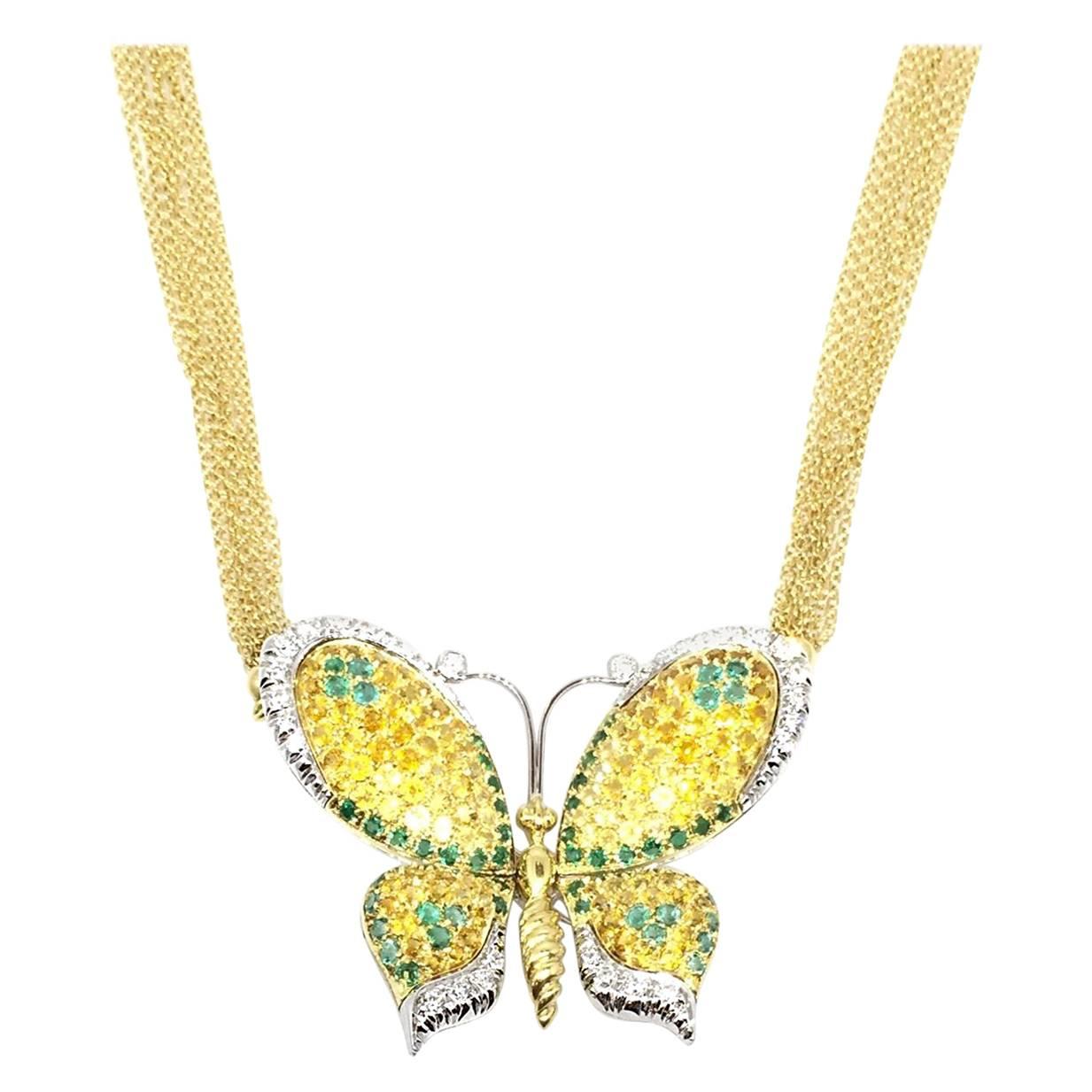 Chimento Emerald, Sapphire & Diamond Butterfly Necklace 18K Yellow Gold For Sale