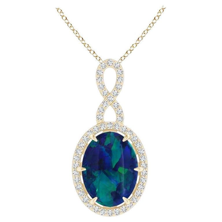 GIA Certified Oval Black Opal Halo Pendant with Infinity Bale in 18K Yellow Gold For Sale