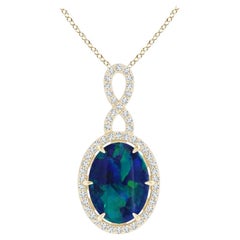 GIA Certified Oval Black Opal Halo Pendant with Infinity Bale in 18K Yellow Gold