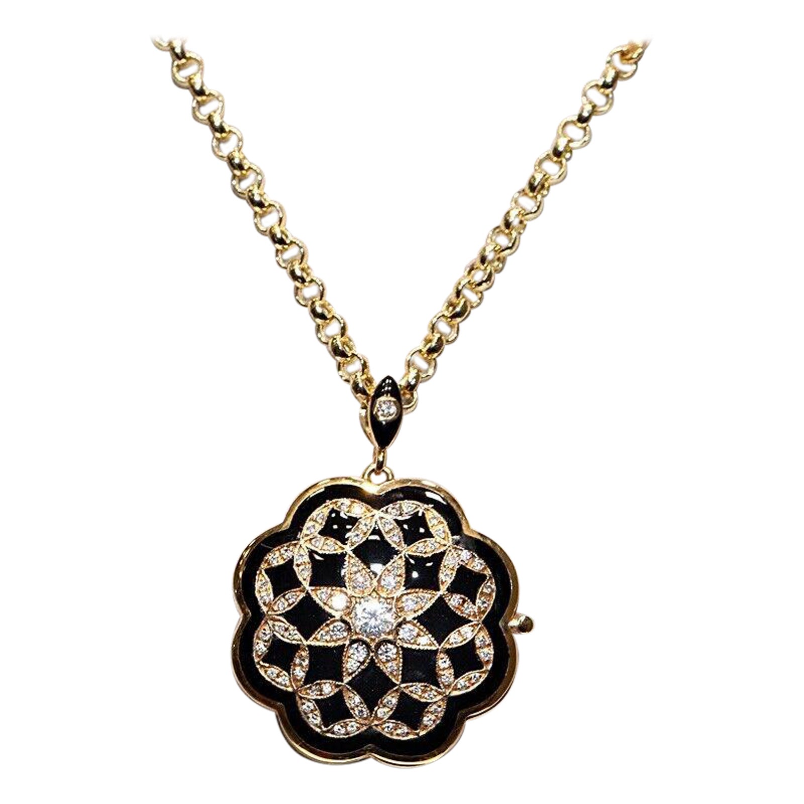 New Made 14k Gold Natural Diamond And Enamel Decorated Pendant Necklace  For Sale