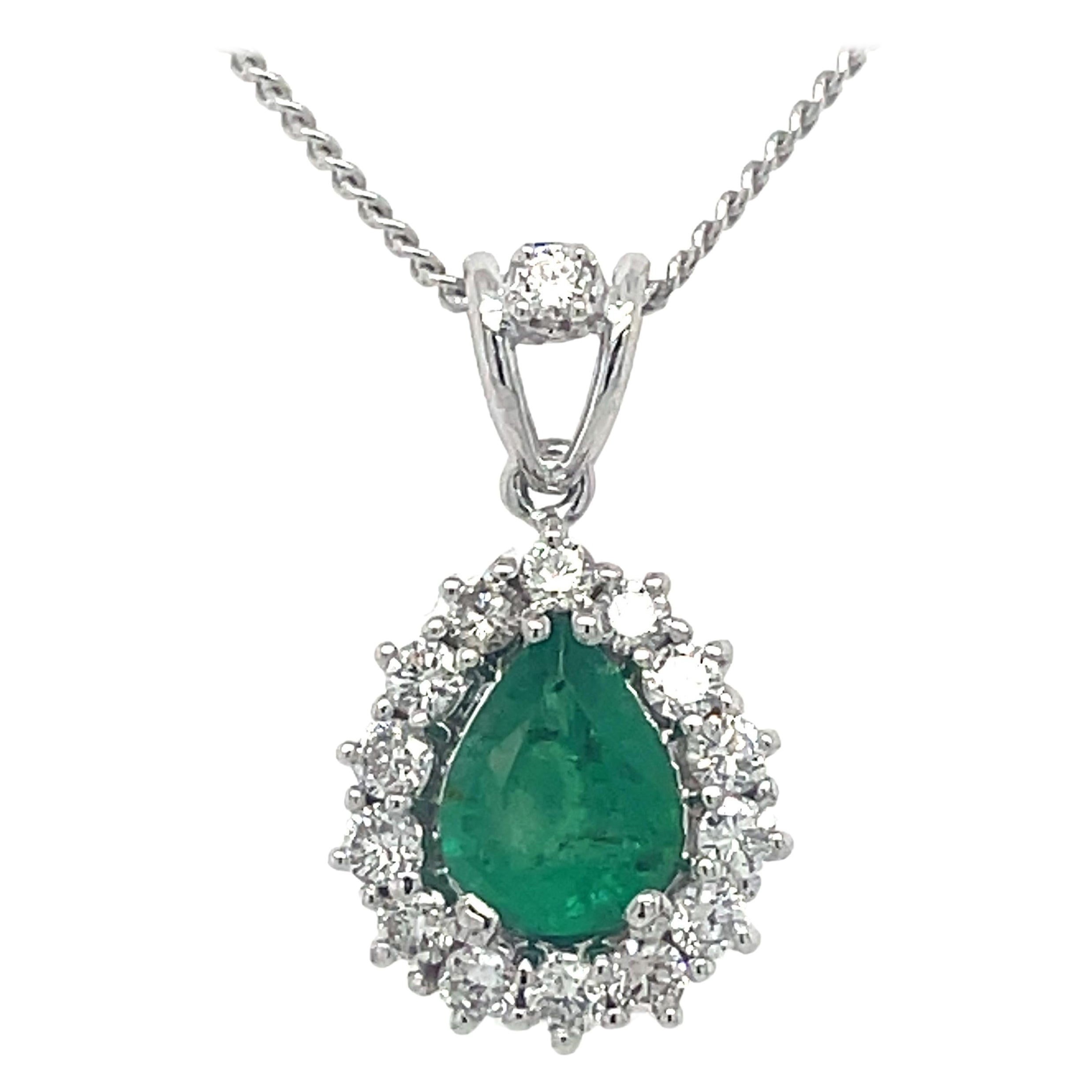 Emerald Necklace Pendant - 0.59ct Emerald and 0.5ct Diamond Halo, 18K White Gold For Sale