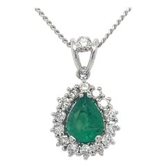 Emerald Necklace Pendant - 0.59ct Emerald and 0.5ct Diamond Halo, 18K White Gold
