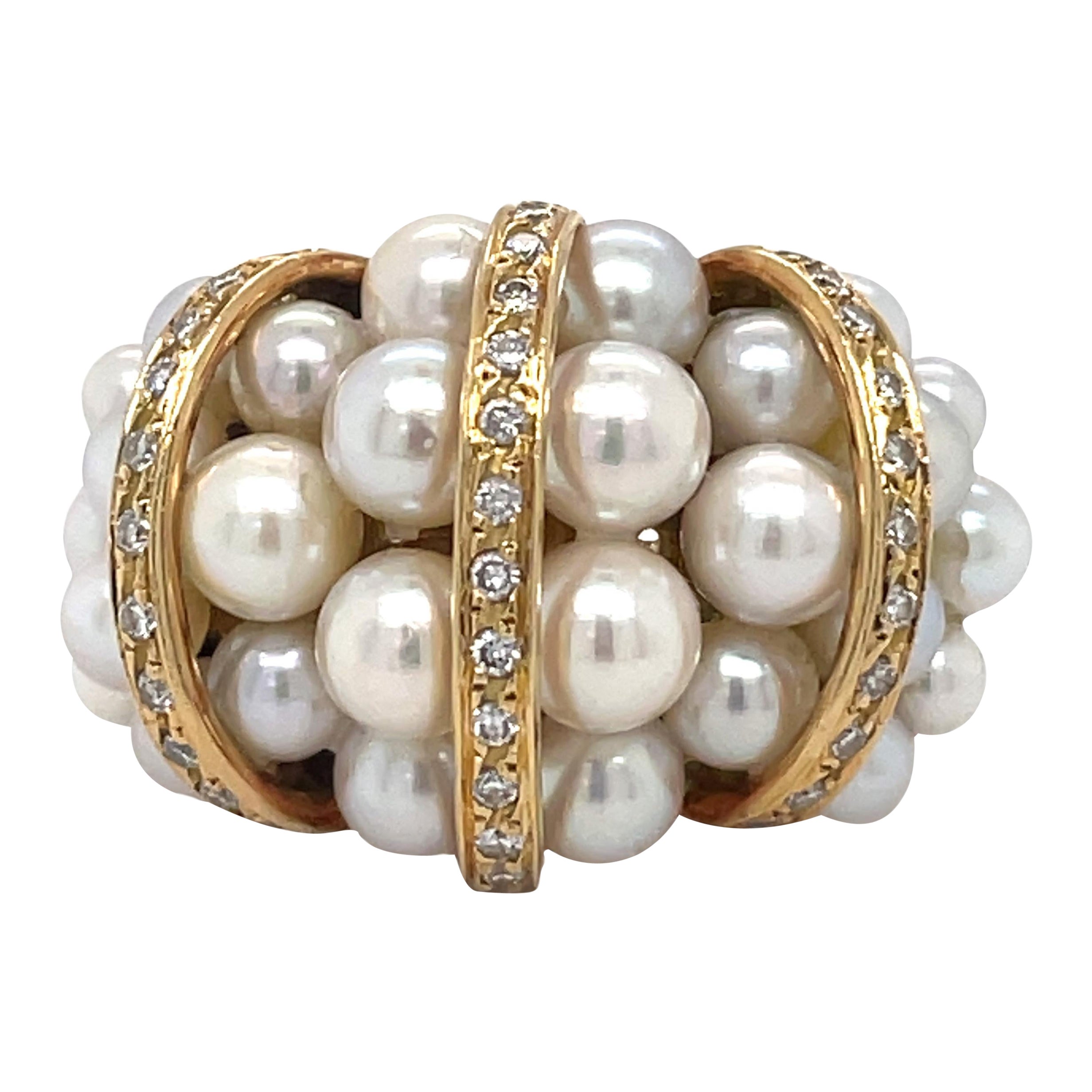 Vintage Cocktail ring - Pearls and 0.5 CT Diamonds Dome Ring, 18K yellow gold  For Sale