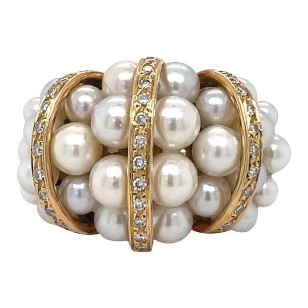 Vintage Cocktail ring - Pearls and 0.5 CT Diamonds Dome Ring, 18K ...