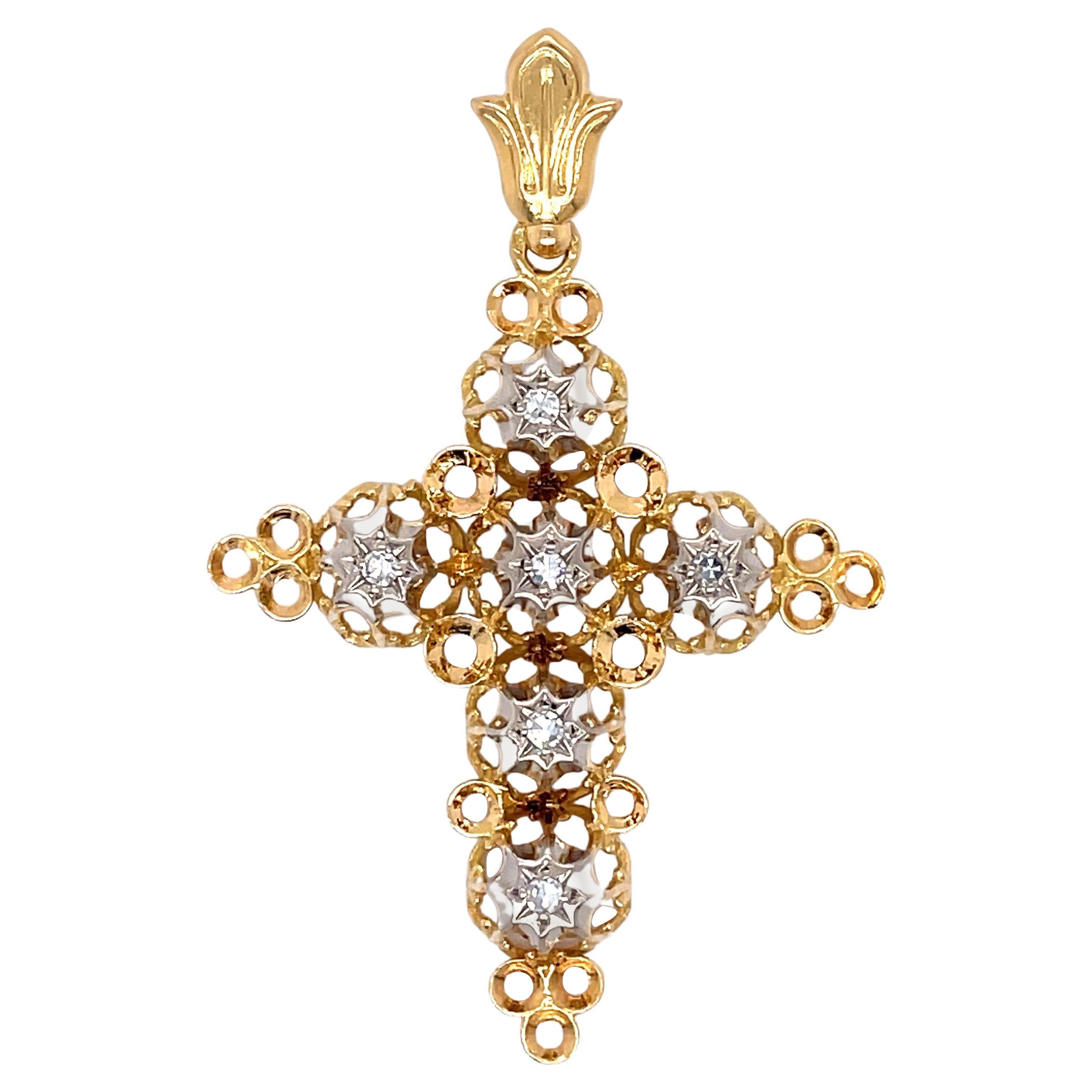 Vintage Cross Pendant - 0.10 CT Round Shape Natural Diamonds, 18K Yellow Gold For Sale