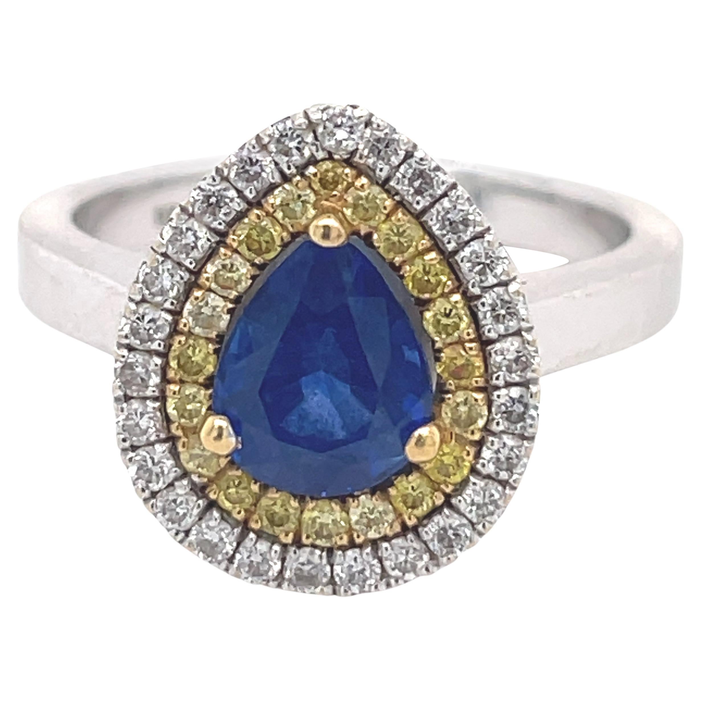 Engagement Ring- 1.70CT Pear Sapphire, Yellow & White Diamond halos, 18k  For Sale