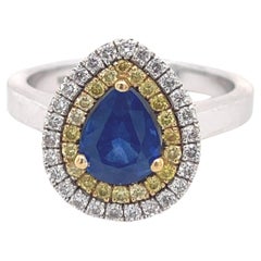 Engagement Ring- 1.70CT Pear Sapphire, Yellow & White Diamond halos, 18k 