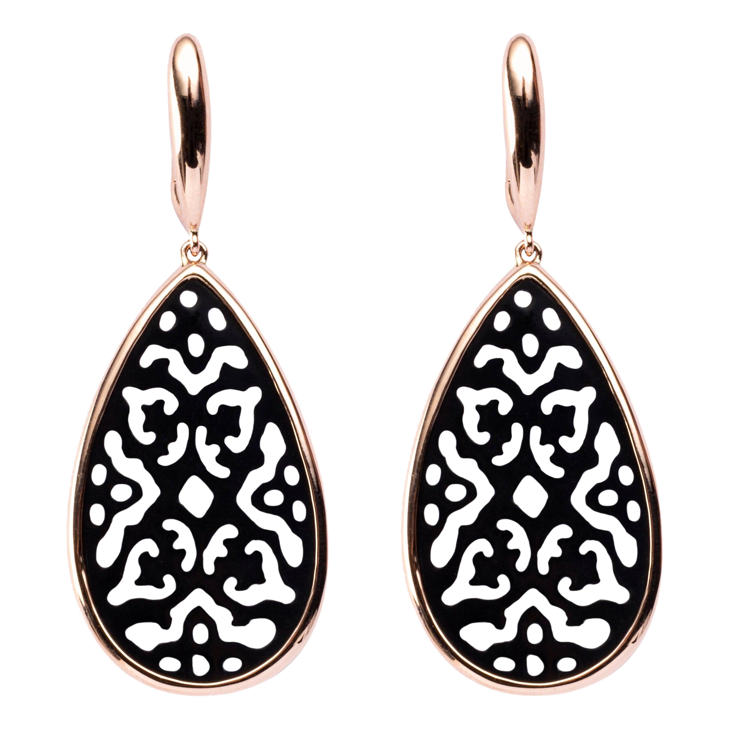 Alex Jona Onyx 18 Karat Rose Gold Carved Openwork Onyx Dangle Earrings