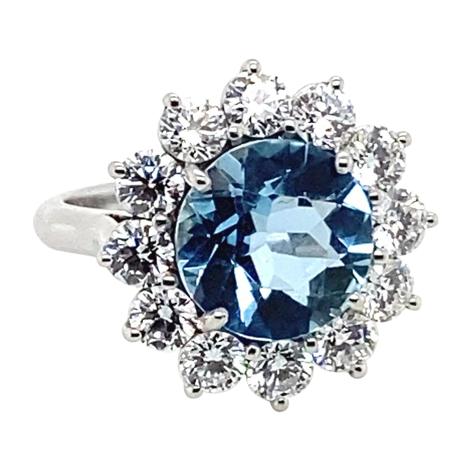 T. Foster & Co Aquamarine and Diamond Cluster Platinum Engagement Ring For Sale