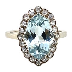 Vintage Aquamarine and Diamond Cluster 14 Karat White Gold Engagement Ring