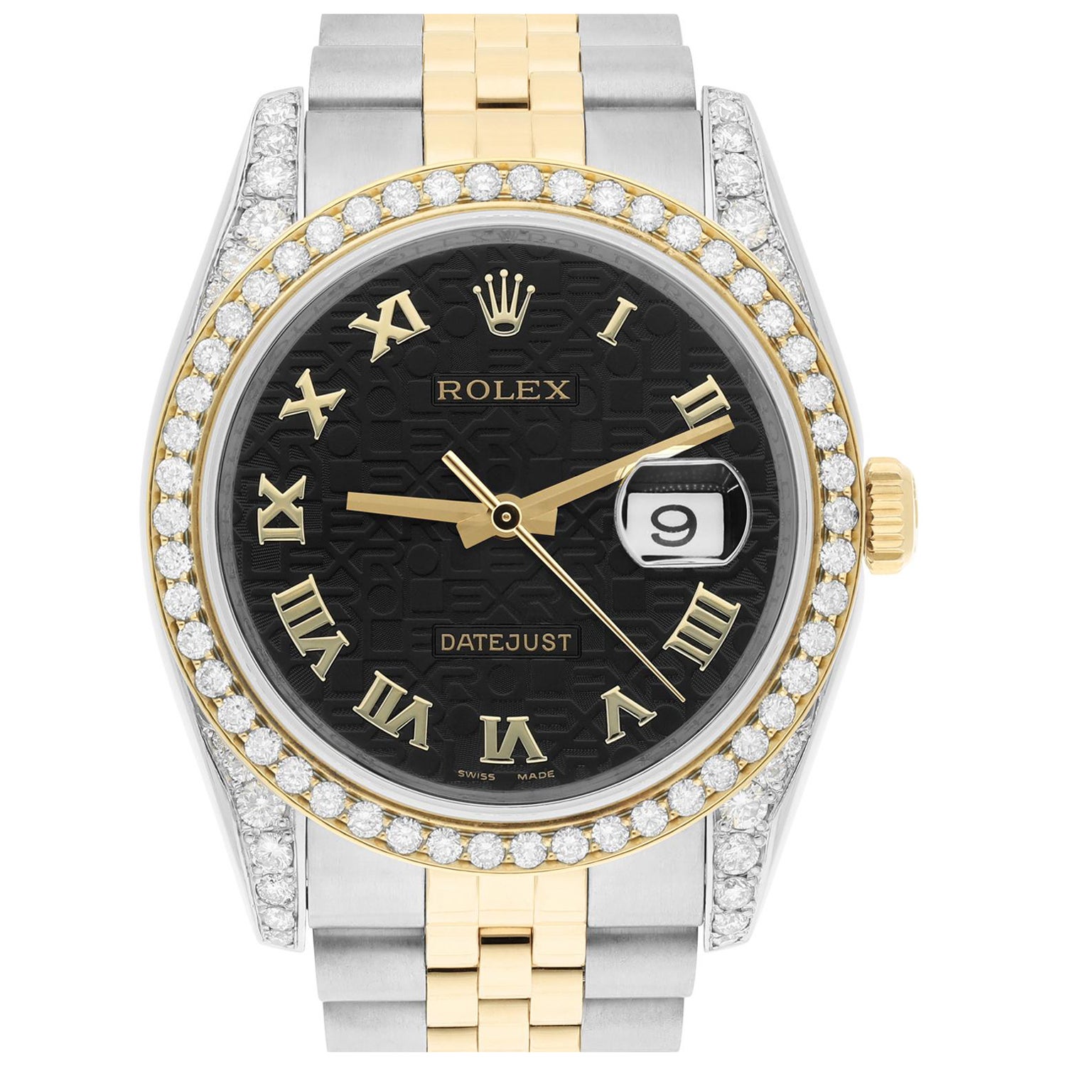 Rolex Datejust 36 Or/Steel 116233 Noir Cadran Logo Rolex Bracelet Jubilé Diamants en vente