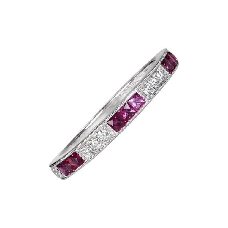 0.14ct Round Brilliant Cut Diamond & 0.41ct French Cut Ruby Band Ring, Platinum For Sale