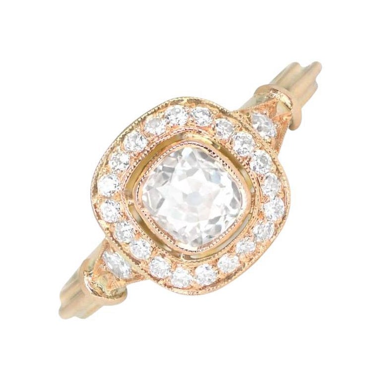0.60 Karat antiker Diamant-Verlobungsring mit Kissenschliff, I Farbe,  18k Gelbgold im Angebot