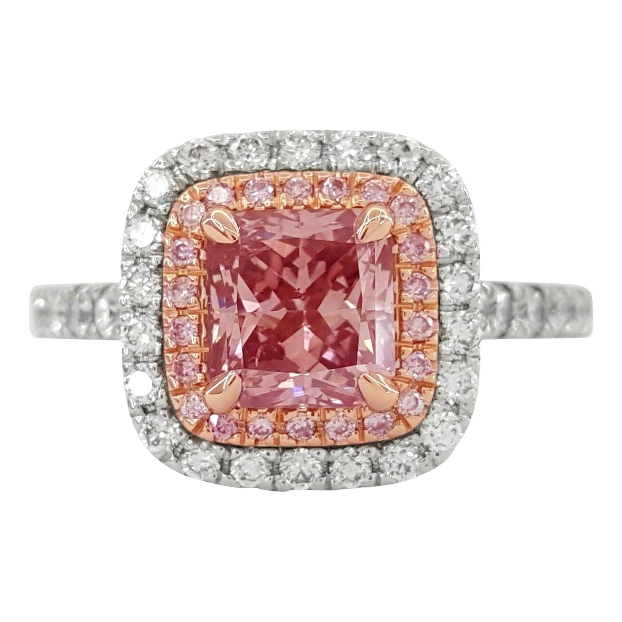 GIA Certified Fancy Intense Pink Diamond Double Halo Platinum Ring For Sale