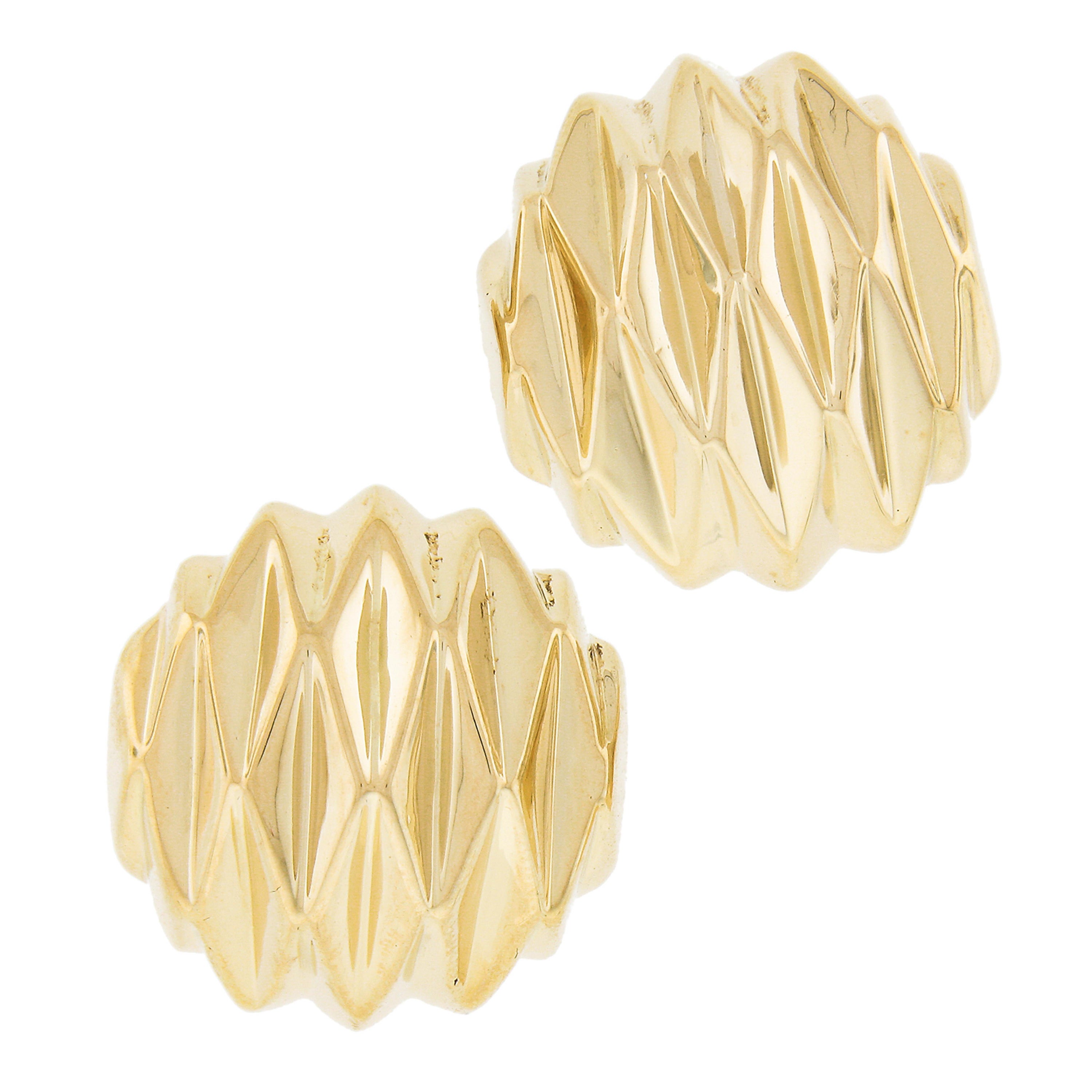 Italian 18k Yellow Gold Large Faceted Textured Round Omega Back Button Earrings For Sale