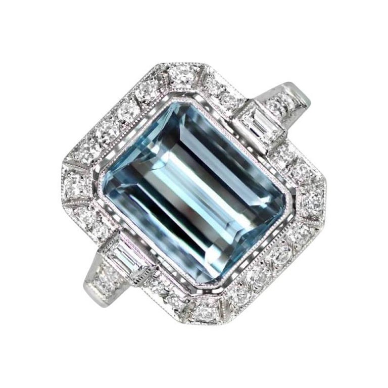 3.26ct Emerald Cut Aquamarine Engagement Ring, Diamond Halo, Platinum  For Sale