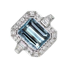 3.26ct Emerald Cut Aquamarine Engagement Ring, Diamond Halo, Platinum 
