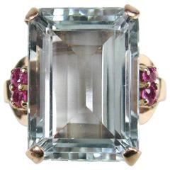 Stunning GIA certified 16.25 Carat Emerald Cut Aquamarine Ruby Gold Ring 7